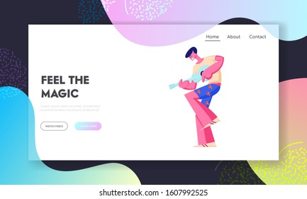 Music Player Performing on Rio Carnival or Hawaii Website Landing Page. Man Playing Ukulele Guitar. Male Musician Character Guitarist Virtuoso Perform Web Page Banner. Cartoon Flat Vector Illustration