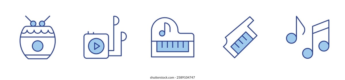 music, music player, playing music, keytar, drum. Music Icon vector illustration. Line Duotone style. Editable stroke.