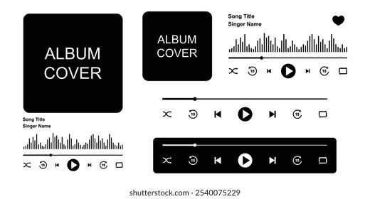 Music player screen with album cover window, buttons, progress loading bar and sound wave. Audioplayer or audiobook menu widget templates isolated on white background. Vector graphic illustration.