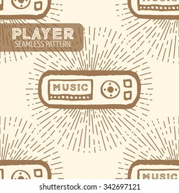 Music player seamless pattern. Vintage style, hand drawn pen and ink. Vector seamless pattern for wrapping. Retro design element for packaging. Retro design element for electronics store