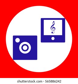 Music player sign illustration. Blue icon in white circle at red background. Colors of USA flag. Circumscribed circle. Circumcircle.