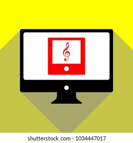 Music player sign illustration. Vector. Red icon on white monitor of black all-in-one desktop computer with two shadows at yellow background.