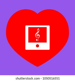 Music player sign illustration. Vector. White icon in red heart at lavender background.
