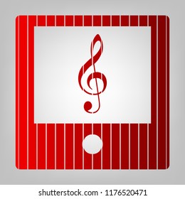 Music player sign illustration. Vector. Vertically divided icon with colors from reddish gradient in gray background with light in center.