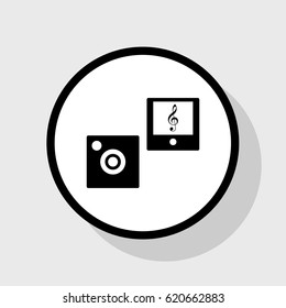 Music player sign illustration. Vector. Flat black icon in white circle with shadow at gray background.