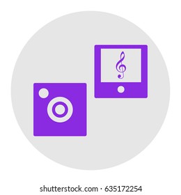 Music player sign illustration. Vector. Violet flat icon on light gray circle at white background. Isolated.