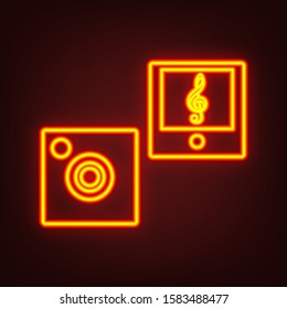 Music player sign illustration. Yellow, orange, red neon icon at dark reddish background. Illumination. Illustration.