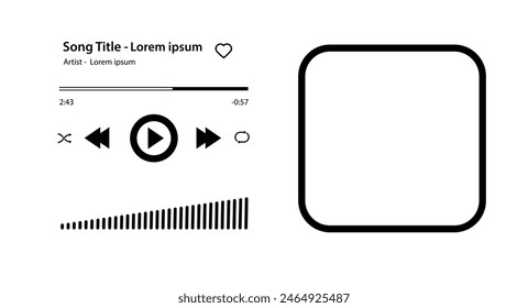 Music player Song plaque with buttons loading bar equalizer sign sound wave and frame for album photo. Trendy music player interface . Vector