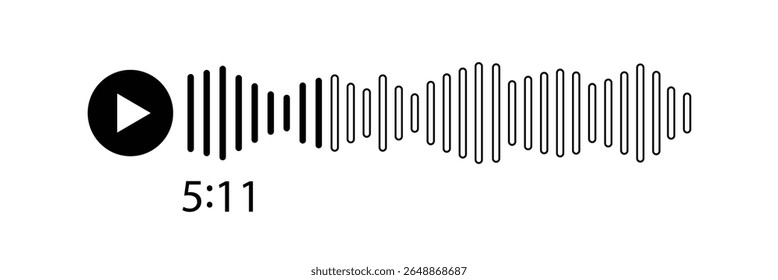 Barra de som do player de música. Ruído do espectro de fala de áudio com o botão de reprodução. Chat do aplicativo de mensagens móveis. Onda sonora de voz. Interface de registro. Ícone do equalizador com linha da onda sonora. Ilustração vetorial.

