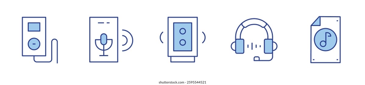 music player, speakers, headphones, audio, audio file. Audio Icon vector illustration. Line Duotone style. Editable stroke.