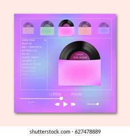 Music player template. Web site design. App flat design style for smartphones, PC or tablets.  Ui elements set. User interface, slider, buttons, song title. Vector illustration. EPS 10.