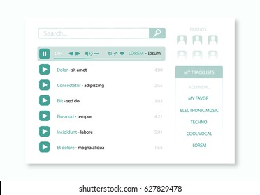 Music player template. Web site design. App flat design style for smartphones, PC or tablets.  Ui elements set. User interface, slider, buttons, song title. Vector illustration. EPS 10.