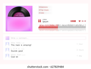 Music player template. Web site design. App flat design style for smartphones, PC or tablets.  Ui elements set. User interface, slider, buttons, song title. Vector illustration. EPS 10.