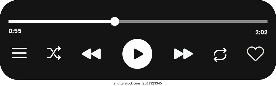 Music player UI: Audio media player widget with buttons, song duration bar, and sleek design. Vector illustration.