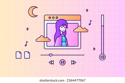 Music player ui box popup vintage vaporwave with bright pink and purple neon light color