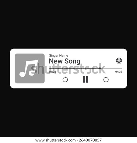 Music Player UI Design with Play Button Song Controls and Album Art for Audio Streaming App Interface Notification on transparent background