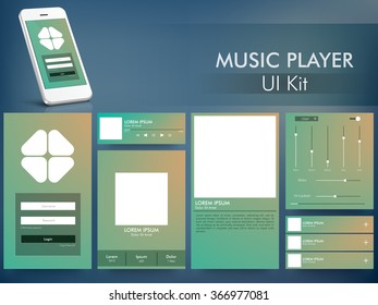 Music Player UI, UX and GUI layout including Login Screen, Media Player Screen and Equalizer Screen for Mobile Apps and Responsive Website design.