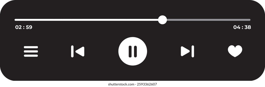 Music Player UI Vector. Audio Media Player Widget with Controls And Song Duration Bar. Modern UI Design Element for Music App Design with Pause, Play, Skip, Favourite, and Queue Buttons.