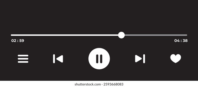 Music Player UI Vector. Audio Media Player Widget with Controls And Song Duration Bar. Modern UI Design Element for Music App Design with Pause, Play, Skip, Favorite, and Queue Buttons.