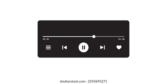 Music Player UI Vector. Audio Media Player Widget with Controls And Song Duration Bar. Modern UI Design Element for Music App Design with Pause, Play, Skip, Favorite, and Queue Buttons.