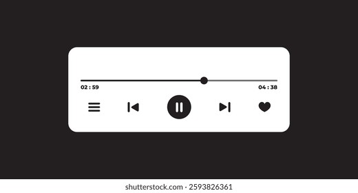 Music Player UI Vector. Audio Media Player Widget with Controls And Song Duration Bar. Modern UI Design Element for Music App Design with Pause, Play, Skip, Favorite, and Queue Buttons.