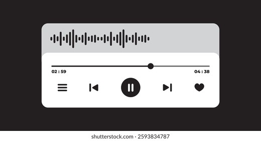 Music Player UI Vector. Audio Media Player Widget with Controls And Song Duration Bar. Modern UI Design Element for Music App Design with Pause, Play, Skip, Favorite, and Queue Buttons.