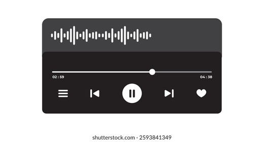 Music Player UI Vector. Audio Media Player Widget with Controls And Song Duration Bar. Modern UI Design Element for Music App Design with Pause, Play, Skip, Favorite, and Queue Buttons.