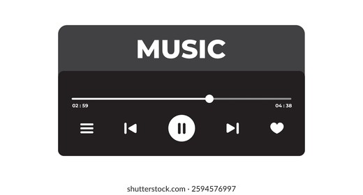 Music Player UI Vector. Audio Media Player Widget with Controls And Song Duration Bar. Modern UI Design Element for Music App Design with Pause, Play, Skip, Favorite, and Queue Buttons.