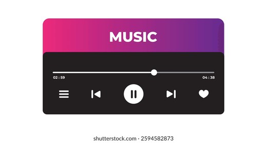 Music Player UI Vector. Audio Media Player Widget with Controls And Song Duration Bar. Modern UI Design Element for Music App Design with Pause, Play, Skip, Favorite, and Queue Buttons.