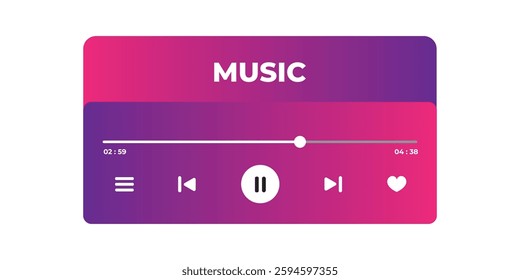 Music Player UI Vector. Audio Media Player Widget with Controls And Song Duration Bar. Music Player UI Vector Design Element for Music App Design with Pause, Play, Skip, Favorite, and Queue Buttons.