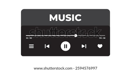 Music Player UI Vector. Audio Media Player Widget with Controls And Song Duration Bar. Modern UI Design Element for Music App Design with Pause, Play, Skip, Favorite, and Queue Buttons.