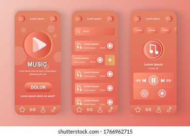 Music player unique coral red design kit. Favorite playlist with tracks, search music and audio streaming. Online music app UI, UX template set. GUI for responsive mobile application.