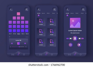 Music player unique dark design kit. Audio app with graphic equalizer, playlist navigation and FM radio screens. Music listening UI, UX template set. GUI for responsive mobile application.