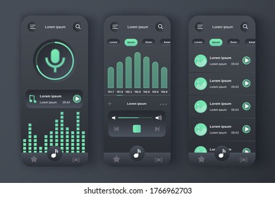 Music Player einzigartiges Design-Kit. Music App mit Sprachaufnahmen, grafischem Equalizer und KompositionsPlaylist. Musik hörende Benutzeroberfläche, UX Template Set. GUI für mobile Anwendungen