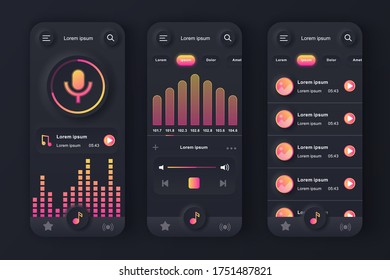 Music player unique neumorphic black design kit. Music app with voice recording, graphic equalizer and compositions playlist. Music listening UI, UX template set. GUI for responsive mobile application