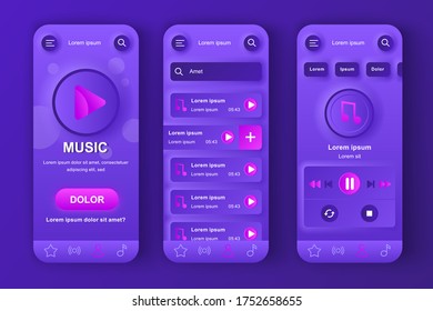 Music Player Unique Neumorphic Design Kit For App. Favorite Playlist With Tracks, Search Music And Audio Streaming. Online Music Listening UI, UX Template Set. GUI For Responsive Mobile Application.