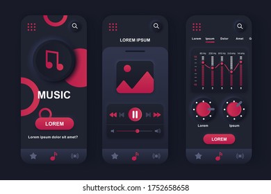 Music Player einzigartiges pneumorphisches Design-Kit für App. Audio-Player mit Musik-Tracklist-Navigation, Grafik-Equalizer-Screens. Musik hörende Benutzeroberfläche, UX Template Set. GUI für mobile Anwendungen.