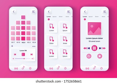 Music player unique neumorphic pink design kit. Audio app with graphic equalizer, playlist navigation and FM radio screens. Music listening UI, UX template set. GUI for responsive mobile application.