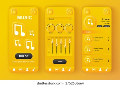 Kit de diseño de amarillo neumórfico único para reproductor de música. Aplicación de audio con configuración de ecualizador, lista de reproducción con composiciones, barra de búsqueda. Interfaz de usuario para escuchar música, conjunto de plantillas UX. GUI para aplicaciones móviles receptivas.