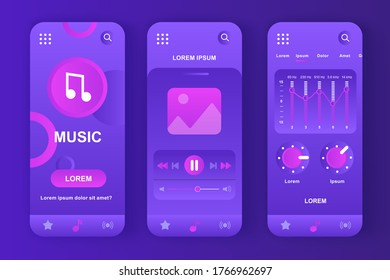 Music Player einzigartiges violettes Design Kit für. Audio-App mit Musik-Tracklist-Navigation, Grafik-Equalizer-Bildschirmen. Musik hörende Benutzeroberfläche, UX Template Set. GUI für mobile Anwendungen.