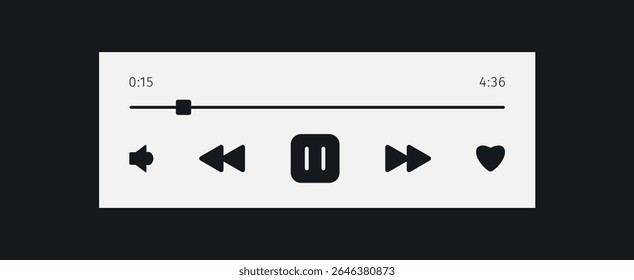 Music Player user interface design. Audio media widget with like next play volume buttons and song duration bar. Modern ui design element for app and web. Light white theme