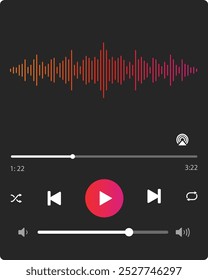 Music Player User Interface Vector. Audio Media Player Widget with Buttons, Song Duration Bar, sound wave sign and fast forward buttons. Music player interface. Modern Music Player UI Design Music App