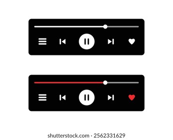 Music Player User Interface Vector. Audio Media Player Widget with Buttons and Song Duration Bar. Modern UI Design Element for Music App Design with Pause, Play, Skip, Favourite, Queue Buttons.