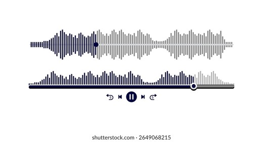 Vetor de interface do usuário do player de música com botão de reprodução e pausa, barra de progresso para reprodução de áudio ou vídeo, controles modernos de IU em estilo limpo plano no fundo branco