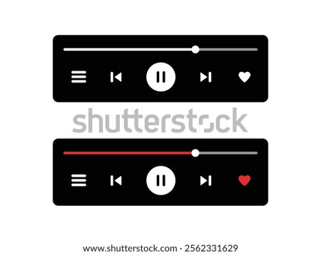 Music Player User Interface Vector. Audio Media Player Widget with Buttons and Song Duration Bar. Modern UI Design Element for Music App Design with Pause, Play, Skip, Favourite, Queue Buttons.