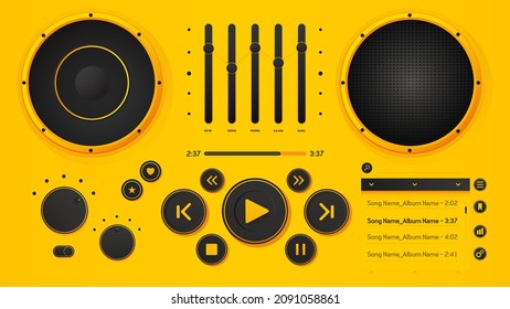 Reproductor musical, Ilustración vectorial. Diseño amarillo con iconos, ecualizador, volumen, Knobs, lista de música y altavoces en dos estilos diferentes. EPS editable.