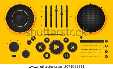 Music Player, Vector Illustration. Yellow Design with Icons, Equalizer, Volume, Knobs, Music List and Speakers in Two Different Styles. Editable EPS.