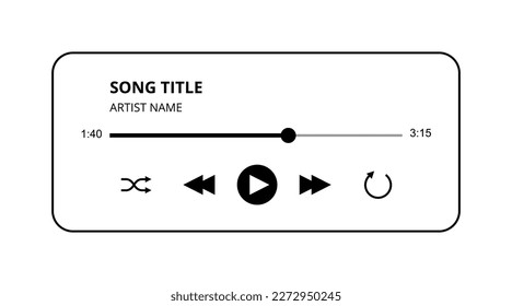 Music Player vector UI design with buttons, track and title vector illustration. Isolated on white audio player interface black and white linear style