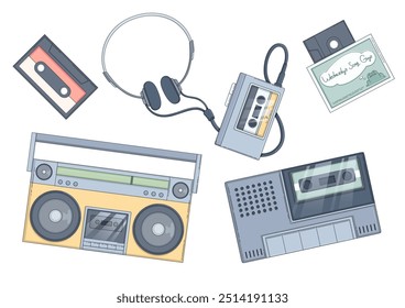 Reproductor de música y Ilustración vectorial de radio vintage para escuchar cintas de audio. Auriculares retro y colección de elementos boombox. Gráfico creativo con tecnología antigua y equipo para el entretenimiento