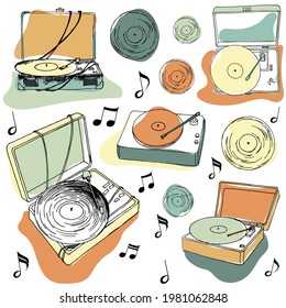 Music player, vintage vinyl record isolated on light background. Old-fashioned audio device. Colorful decorative hand drawn vector illustration in modern style.